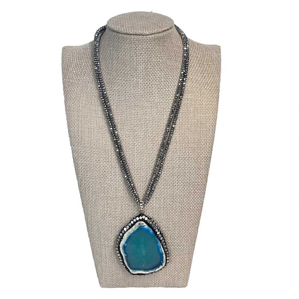 Vintage Sterling Silver 925 Blue Aqua Agate Slice Pendant Necklace 16" (#23) - Picture 1 of 16